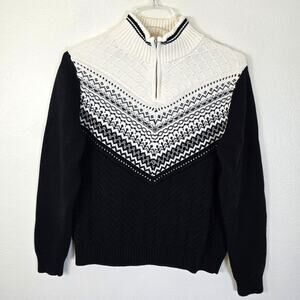 Talbots Sweater Women's MP Cream Black Fair Isle 1/4 Zip Nordic Winter Wardrobe